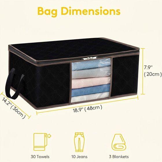 Norcho 3 Pack Clothes Storage Bag Foldable Bin with Reinforced Handle, Clear Window, Sturdy Fabric for Clothing Bedding, Black
