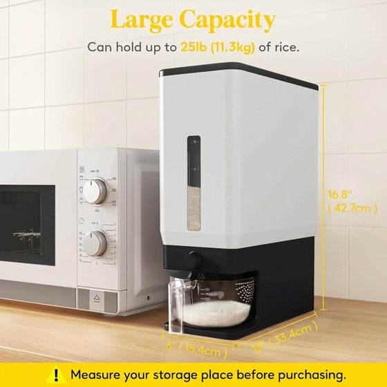 Norcho Rice Dispenser, 25 lb (11.3 kg) Sealed Rice Storage Container with Measuring Cup, Moisture Proof, Kitchen Pantry, Black