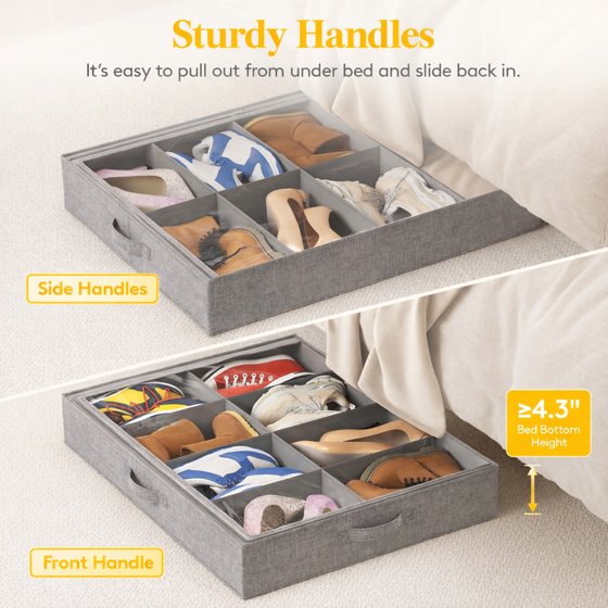 Norcho Under Bed Shoe Organizer Holds 8 Pairs, 4.3" Tall Sturdy Foldable Sneaker Storage Boxes for Boots Heels, 2 Pack