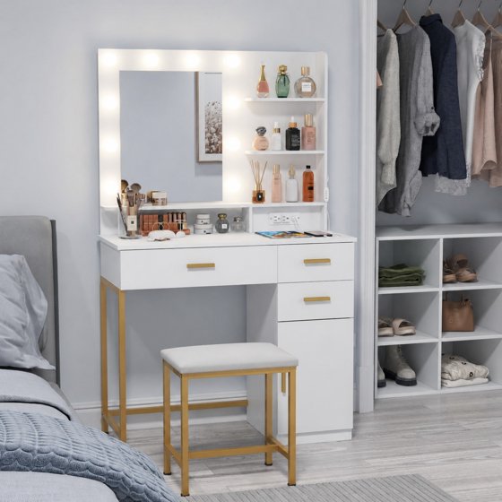 Norcho Vanity with Mirror and Light, 2 Power Outlets & 2 USB Ports, Adjustable Color & Brightness, Makeup Desk with 4 Drawers and Stool for Bedroom, Bathroom & Makeup Room