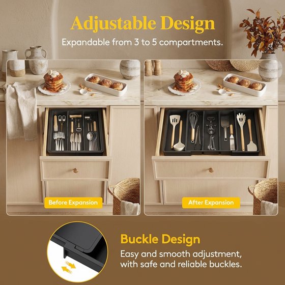 Norcho Utensil Organizer for Kitchen Drawers, Expandable Cooking Utensil Tray, Adjustable Cutlery and Silverware Holder, 13–22 x 15", Black