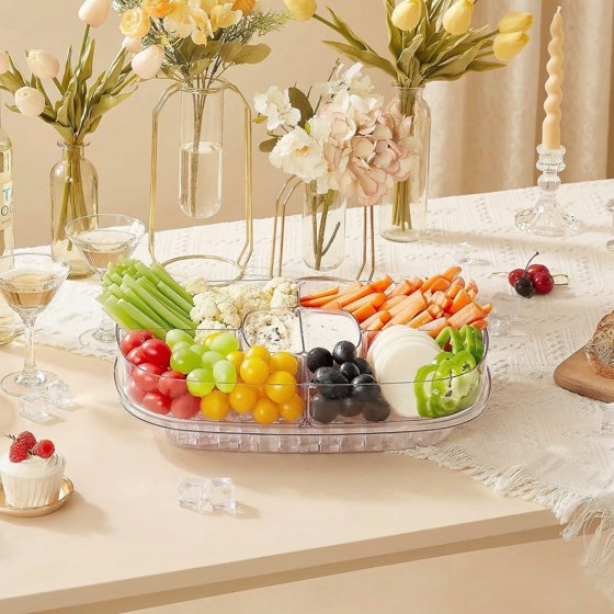 Norcho Chilled Serving Tray for Parties, 15-Inch Divided Shrimp Cocktail Serving Dish with Lid, Plastic Taco and Ice Serving Platter for Veggies, Fruit, Salad, and Buffet Use