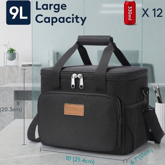 Norcho Large Insulated Lunch Bag Cooler Tote for Adults, Soft Lunch Box for Men and Women, 12-Can (9L), Black