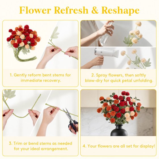 Norcho Mixed Orange Artificial Flower for Vase, 10 Pcs Faux Silk Mum Balls + 2 Eucalyptus Stems, Fake Small Kiku for Floral Arrangement, Pom Pom Centerpiece