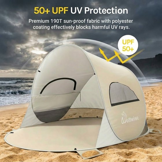 Norcho 87x57x47" Pop Up Beach Tent UPF50+ Sun Shelter, Instant Shade Canopy for 3 Person, Beige
