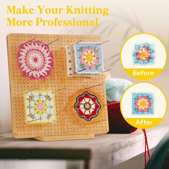 Norcho 14.4" Bamboo Crochet Blocking Board with 36 Pegs, Granny Square Mats for Knitting and Crocheting Projects