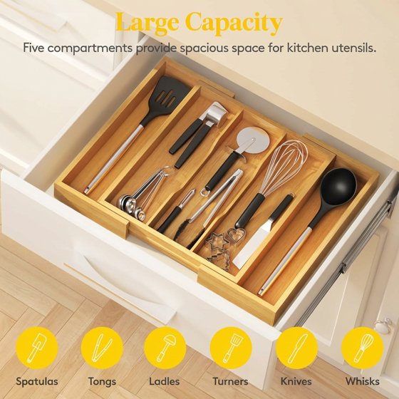 Norcho Utensil Organizer for Kitchen Drawer, Expandable Bamboo Cutlery and Flatware Tray, Adjustable Cooking Utensil and Spatula Holder, 13–22 × 15 Inches