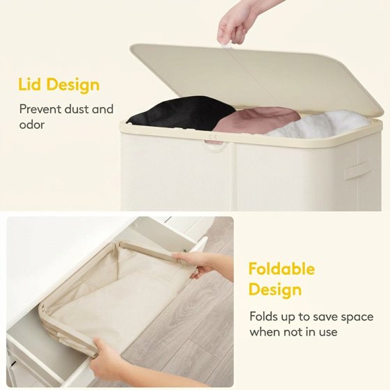 Norcho 185L 3-Section Laundry Hamper with Lid, Bamboo Handles Removable Bags Foldable Basket, White