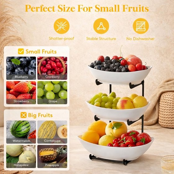 Norcho Plastic Fruit Bowl Basket for Kitchen Countertop, 3-Tier Fruit Holder with Black Metal Stand, Serving Tray for Fruits, Vegetables, Cakes, and Desserts for Parties