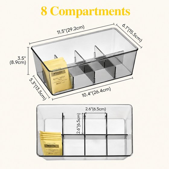 Norcho 2-Pack Tea Bag Organizer with Lid, Plastic Tea Bag Storage Box with 16 Compartments, Stackable Tea Packet Holder for Cabinet, Pantry, Countertop, Sugar Packets & Sweetener Sachets, Black