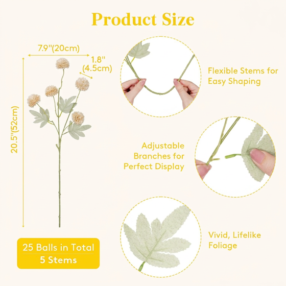 Norcho 5 Pcs Beige Artificial Silk Mums Ball Flowers Long Stems, Fake Chrysanthemums Pom Pom for Vase Home Wedding Decor