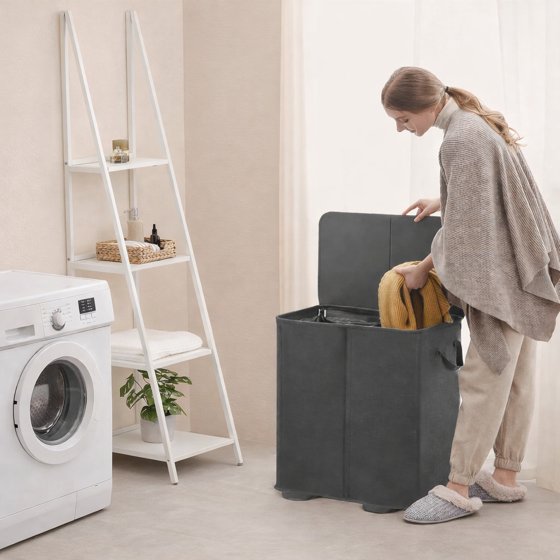 Norcho Double Laundry Hamper with Lid and Removable Bags, Large Collapsible 2-Divider Laundry Basket with Handles, 136L, Black