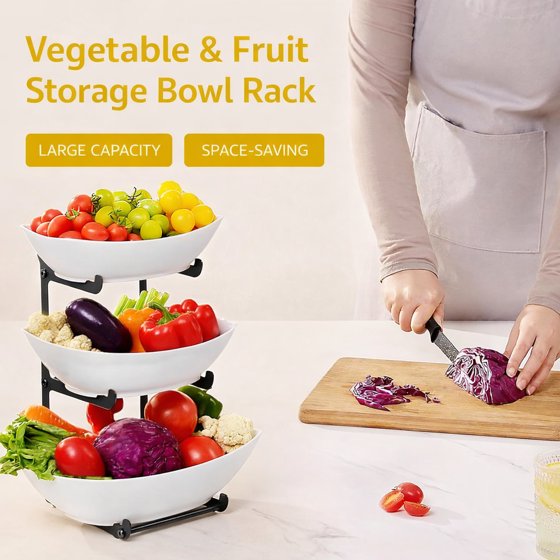 Norcho Plastic Fruit Bowl Basket for Kitchen Countertop, 3-Tier Fruit Holder with Black Metal Stand, Serving Tray for Fruits, Vegetables, Cakes, and Desserts for Parties