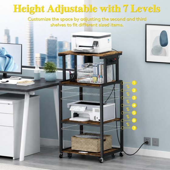 Norcho 4 Tier Printer Stand with 3 Power Outlets, Wheels & Adjustable Storage Shelf, Rolling Printer Cart for Home Office, Shredder, Scanner & Fax Machine, Holds up to 340 lbs, Brown
