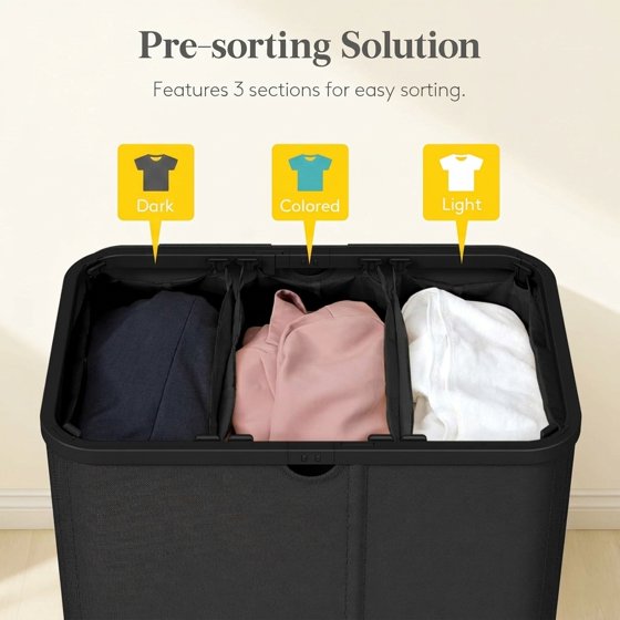 Norcho 185L 3-Section Laundry Hamper with Lid, Bamboo Handles Removable Bags Foldable Basket, Black