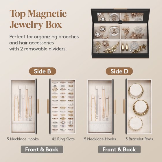 360° Rotating Jewelry Box with Mirror, Top Magnetic Storage Box Jewelry Organizer Case for Rings, Necklaces, Earrings, Bracelets, Mother’s Day Gift Idea, Black