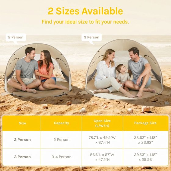 Norcho 87x57x47" Pop Up Beach Tent UPF50+ Sun Shelter, Instant Shade Canopy for 3 Person, Beige