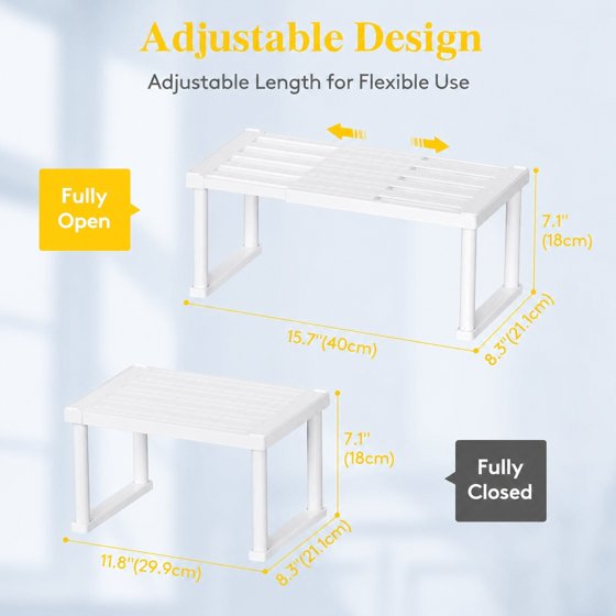Norcho Cabinet Shelf Organiser, Expandable Countertop Kitchen Shelves, Plastic Shelf Riser for Pantry Kitchen Storage and Spice Rack, Set of 2, 16 x 8 x 7 inch (40 x 21 x 18 cm)