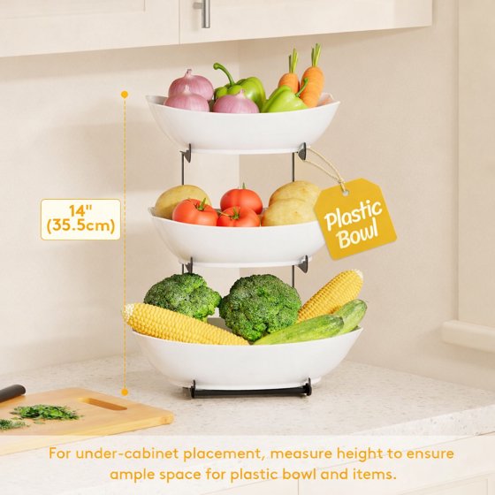 Norcho Plastic Fruit Bowl Basket for Kitchen Countertop, 3-Tier Fruit Holder with Black Metal Stand, Serving Tray for Fruits, Vegetables, Cakes, and Desserts for Parties