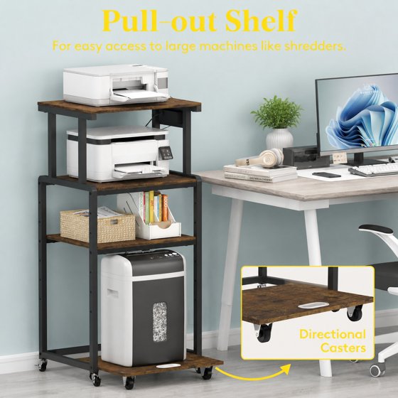 Norcho 4 Tier Printer Stand with 3 Power Outlets, Wheels & Adjustable Storage Shelf, Rolling Printer Cart for Home Office, Shredder, Scanner & Fax Machine, Holds up to 340 lbs, Brown