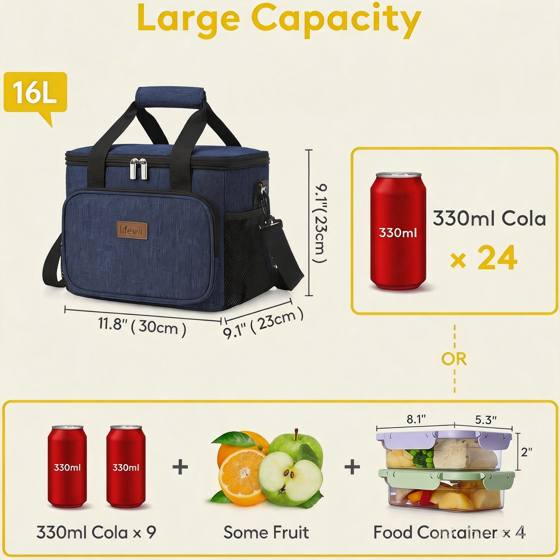 Norcho Large Insulated Lunch Bag Soft Cooler Tote for Adults, Dark Blue 24-Can 16L