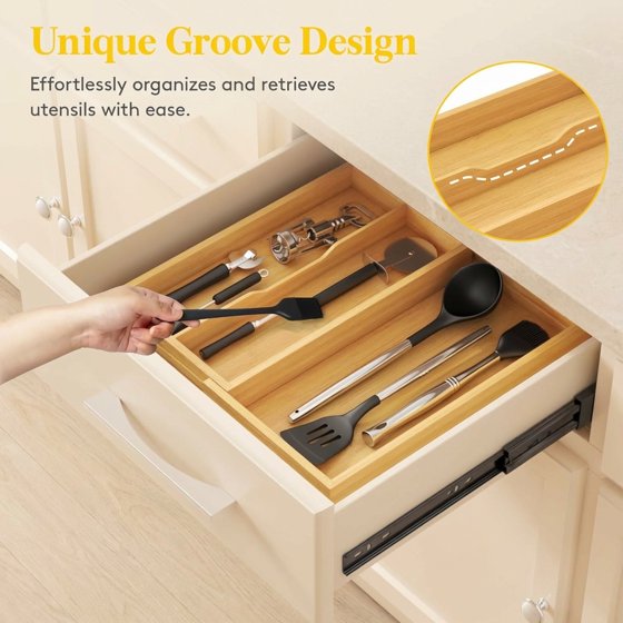 Norcho Expandable Bamboo Utensil Organizer Tray, Adjustable Cutlery and Flatware Holder for Kitchen Drawer, 8.9–15.8 x 15.75"
