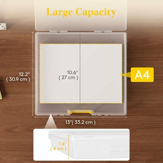 Norcho 3" x 12.2" Paper Storage Boxes with Secure Latch, Plastic Portable Organizer with Handle and Labels, 4-Pack for Files, Documents, Crafts, Puzzles, Cards, and Art Supplies