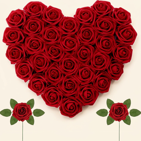 Norcho 50 Pcs Dark Red Foam Roses Artificial Flowers Stems, Real Looking Fake for DIY Wedding Bouquets Centerpieces Valentine