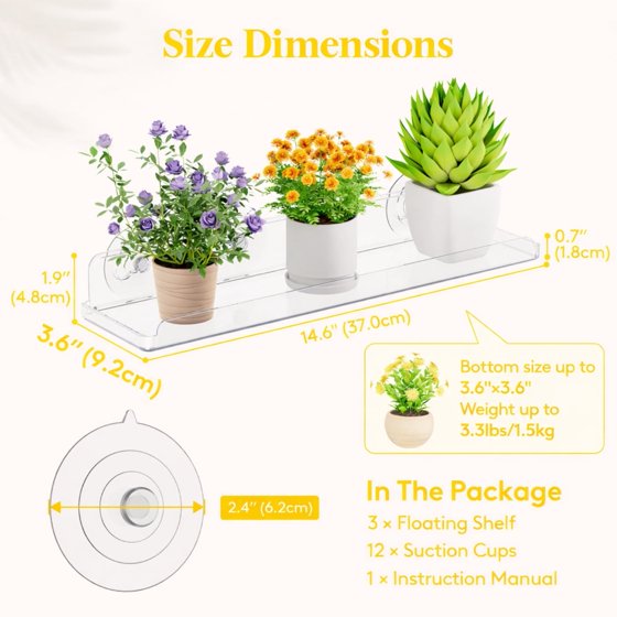 Norcho Window Plant Floating Shelves, 14.6 × 3.6 Inch 3-Pack Acrylic Suction Cup Shelf, Window Sill Extender for Indoor Succulents, Microgreens, Seed Starter Pots, and Herb Planters