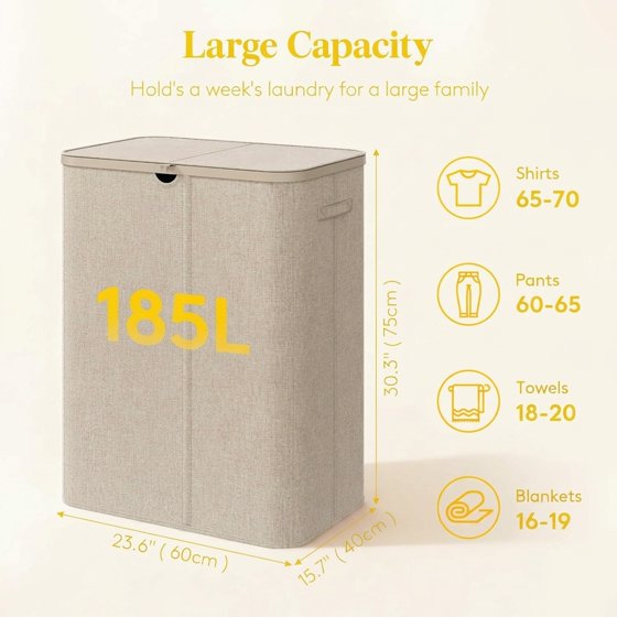 Norcho 185L 3-Section Laundry Hamper with Lid, Bamboo Handles Removable Bags Foldable Basket, Beige