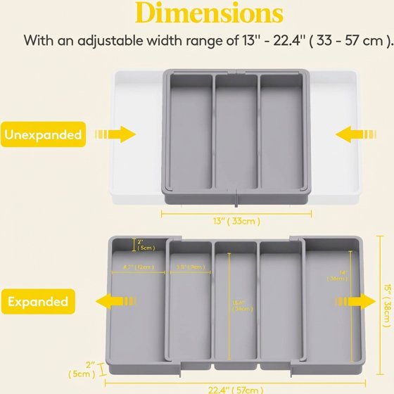 Norcho Utensil Organizer for Kitchen Drawers, Expandable Cooking Utensil Tray, Adjustable Cutlery and Silverware Holder, 13–22 x 15", Gray