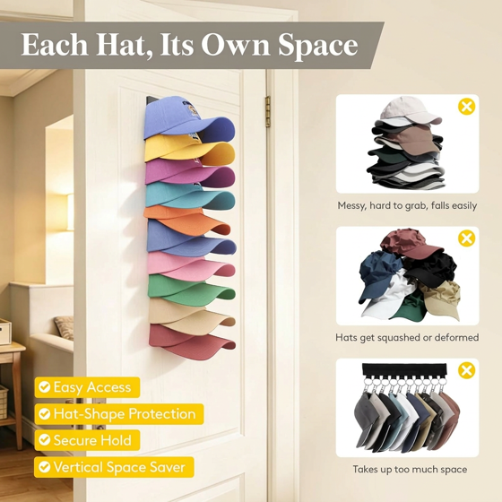 Norcho Hat Organizer Baseball Caps, Holds 10, Wall Mount Over Door Rack Dual Install Nails Adhesive, Black 1-Pack