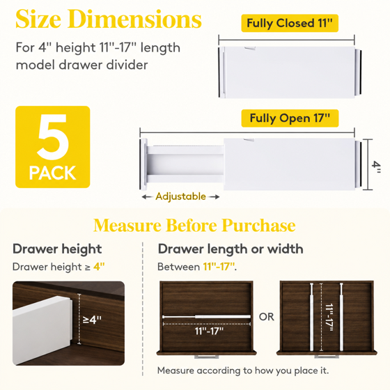 Norcho 5 Pack 4" High Drawer Dividers, 11–17 inch Adjustable Drawer Organizer, Expandable Drawer Separator for Clothes, Utensils, Dresser, Kitchen, Bedroom & Office Storage Organization