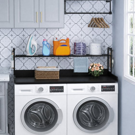 Norcho Washer Dryer Countertop with Adjustable Shelf, Melamine Laundry Room Organizer Top with Edge Rails and Towel Rack for Storage and Organization, Black