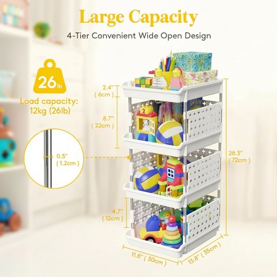 Norcho 4-Tier Plastic Stackable Storage Baskets, Stacking Bins for Food, Clothes, and Household Organization, White