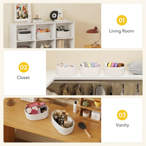 Norcho Woven Baskets, Cotton Rope Cube Storage Bins, Small Shelf Baskets, Round Caddy for Closet/Living/Bedroom/Playroom, White, 6 Pack