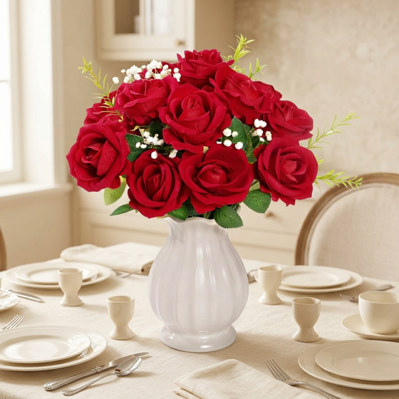 Norcho 12 Pcs Red Artificial Roses Bulk, Fake Long Stem Silk Flowers for DIY Wedding Bouquets Centerpieces Valentine Decor