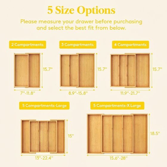 Norcho Utensil Organizer for Kitchen Drawer, Expandable Bamboo Cutlery and Flatware Tray, Adjustable Cooking Utensil and Spatula Holder, 13–22 × 15 Inches