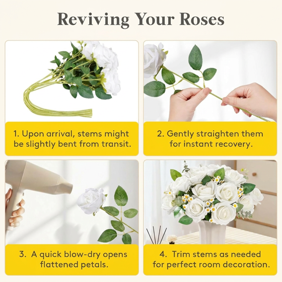 Norcho 10 Pcs White Artificial Roses Bulk, Fake Long Stem Silk Flowers for DIY Wedding Bouquets Centerpieces Valentine Decor
