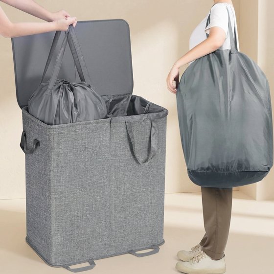 Norcho Double Laundry Hamper with Lid and Removable Bags, Large Collapsible 2-Divider Laundry Basket with Handles, 136L, Gray