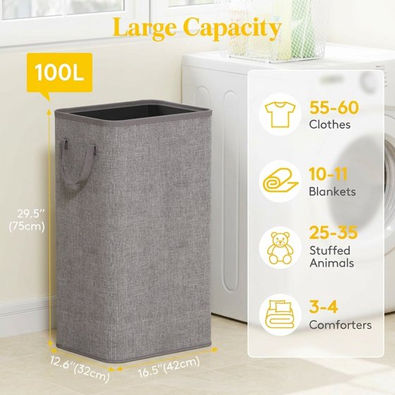 Norcho 100L Tall Collapsible Laundry Hamper with Handles, Foldable Portable Clothes Basket for Dorm Bathroom, Light Gray