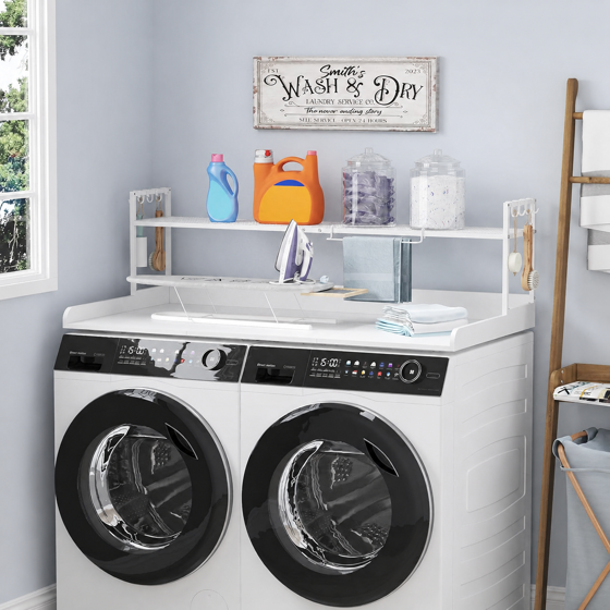 Norcho Washer Dryer Countertop with Adjustable Shelf, Melamine Laundry Room Organizer Top with Edge Rails and Towel Rack for Storage and Organization, White