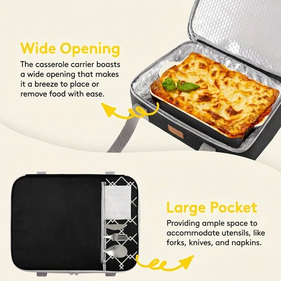 Norcho Insulated Double Decker Casserole Carrier, Expandable Lasagna Tote Bag for Hot or Cold Food, Fits 9" x 13" Baking Dish, Black-Geometric