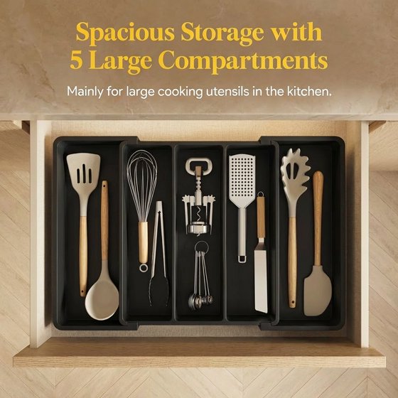 Norcho Utensil Organizer for Kitchen Drawers, Expandable Cooking Utensil Tray, Adjustable Cutlery and Silverware Holder, 13–22 x 15", Black