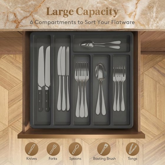 Norcho Silverware Organizer with Lid, Covered Utensil Tray for Kitchen Drawer and Countertop, 12.6 x 11.8", Plastic Cutlery and Flatware Holder, Black
