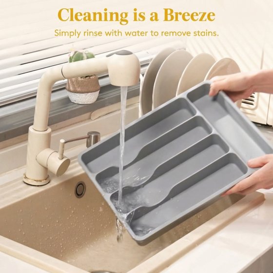 Norcho Silverware Organizer with Lid, Covered Utensil Tray for Kitchen Drawer and Countertop, Plastic Cutlery and Flatware Holder, Gray