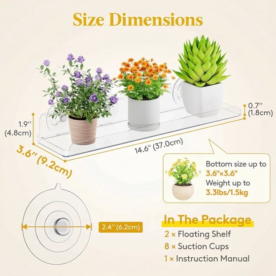 Norcho Window Plant Floating Shelves, 14.6 × 3.6 Inch 2-Pack Acrylic Suction Cup Shelf, Window Sill Extender for Indoor Succulents, Microgreens, Seed Starter Pots, and Herb Planters