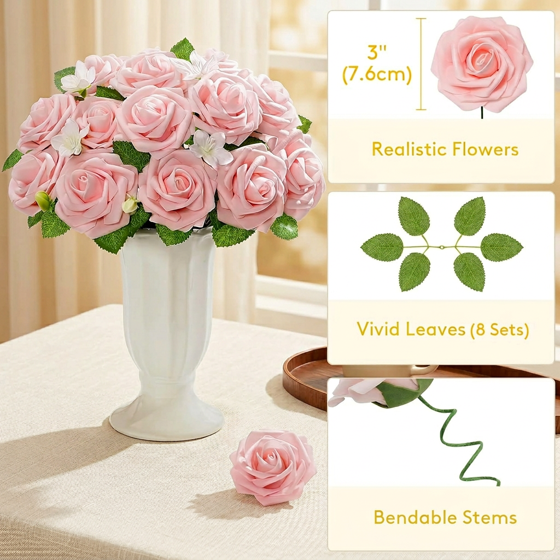 Norcho 50 Pcs Blush Foam Roses Artificial Flowers Stems, Real Looking Fake for DIY Wedding Bouquets Centerpieces Valentine Decor