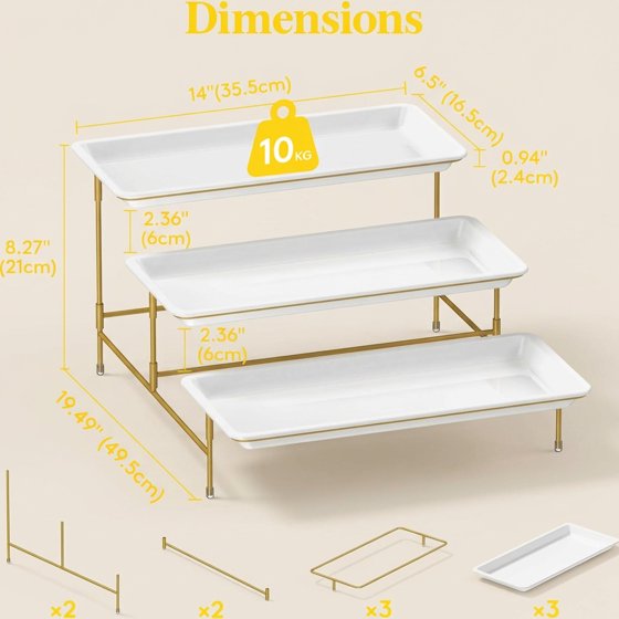 Norcho 3 Tier Serving Tray, White Plastic Tiered Food Serving Platters with Collapsible Gold Metal Stand, 14" x 6.5"