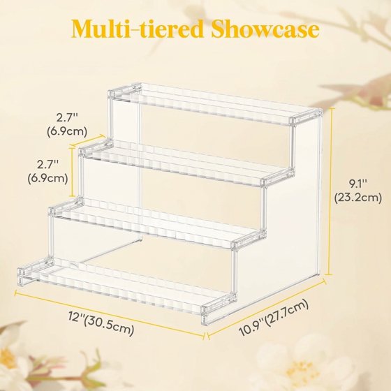 Norcho 4-Tier Clear Display Riser Stand with Decorative Secure Fences, Tool-Free Assembly, 12-Inch Plastic Perfume Organizer for Figures, Cupcakes, Desserts, 1-Pack